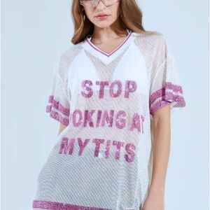 AKIRA White and Pink Mesh Top